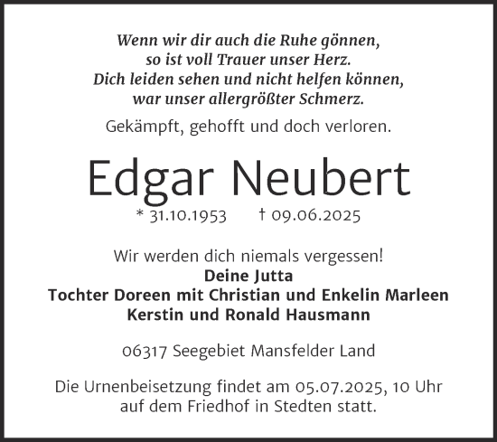 Traueranzeige von Edgar Neubert von Trauerkombi Mansfelder Land