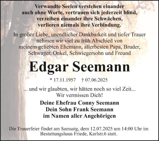 Traueranzeige von Edgar Seemann von Trauerkombi Dessau