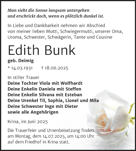 Traueranzeige von Edith Bunk von Trauerkombi Bitterfeld