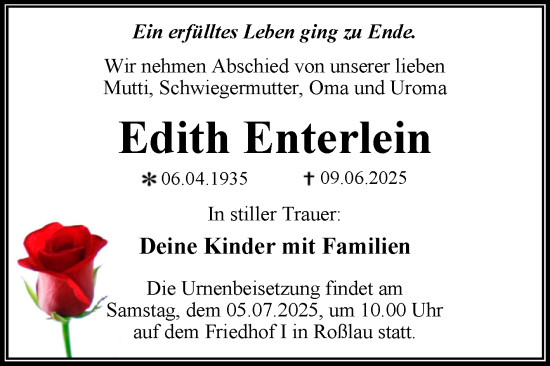 Traueranzeige von Edith Enterlein von Trauerkombi Dessau