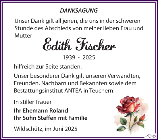 Traueranzeige von Edith Fischer von Trauerkombi Weißenfels