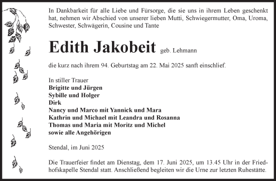 Traueranzeige von Edith Jakobeit von Volksstimme Altmark Ost