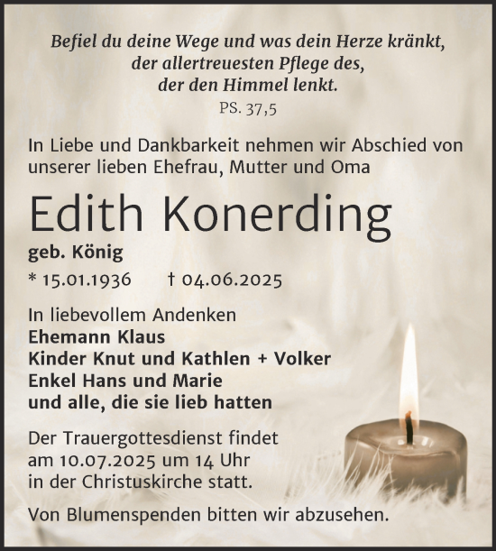 Traueranzeige von Edith Konerding von Trauerkombi Wittenberg