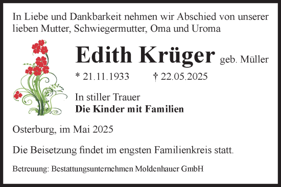 Traueranzeige von Edith Krüger von Volksstimme Altmark Ost