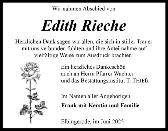 Traueranzeige von Edith Rieche von Volksstimme Wernigerode