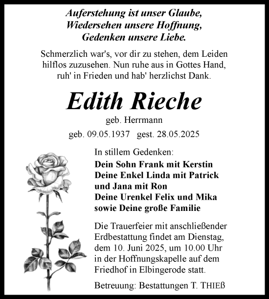 Traueranzeige von Edith Rieche von Volksstimme Wernigerode