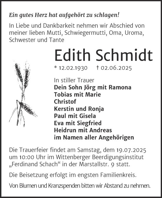 Traueranzeige von Edith Schmidt von Trauerkombi Wittenberg