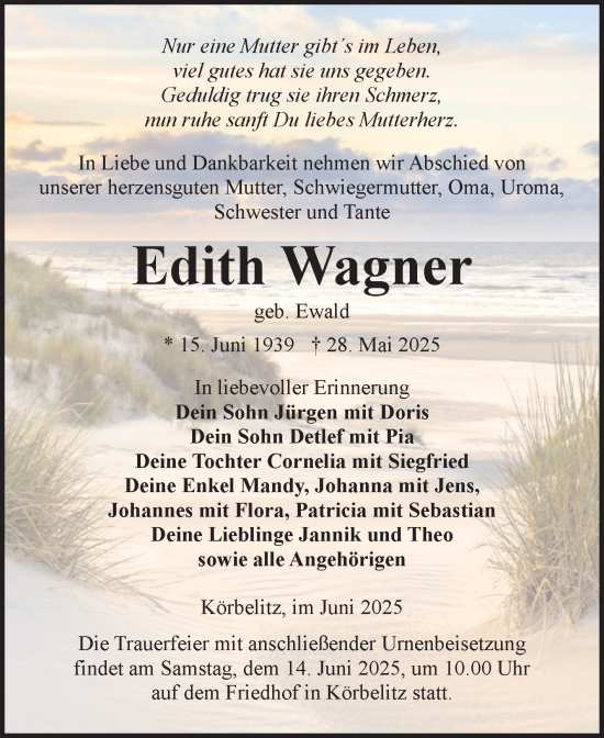 Traueranzeige von Edith Wagner von Volksstimme Burg/Genthin