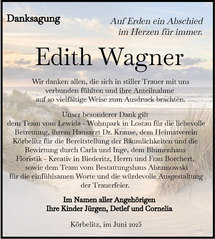  Traueranzeige für Edith Wagner vom 21.06.2025 aus Volksstimme Burg/Genthin