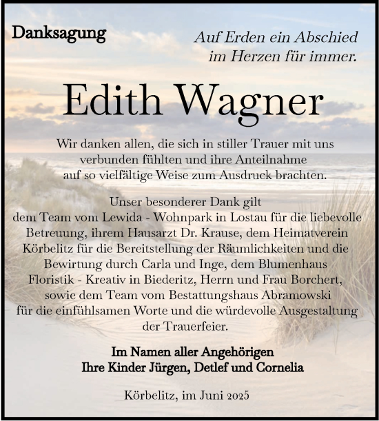 Traueranzeige von Edith Wagner von Volksstimme Burg/Genthin