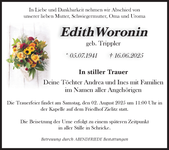 Traueranzeige von Edith Woronin von Volksstimme Haldensleben/Wolmirstedt