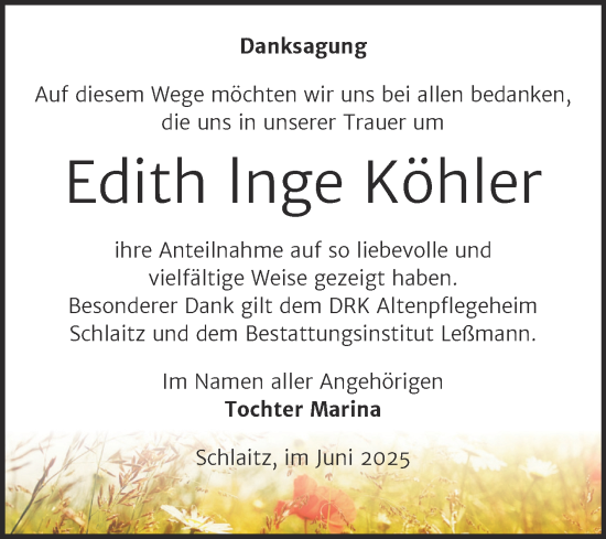 Traueranzeige von Edith Inge Köhler von Trauerkombi Bitterfeld