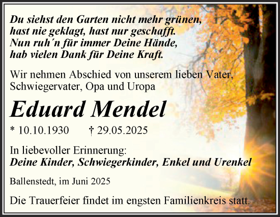Traueranzeige von Eduard Mendel von Trauerkombi Quedlinburg