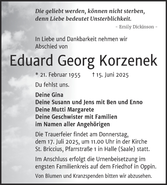 Traueranzeige von Eduard Georg Korzenek von Mitteldeutsche Zeitung Halle/Saalkreis