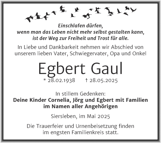 Traueranzeige von Egbert Gaul von Super Sonntag Mansfelder Land