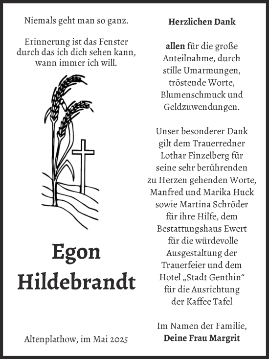 Traueranzeige von Egon Hildebrandt von Volksstimme Burg/Genthin
