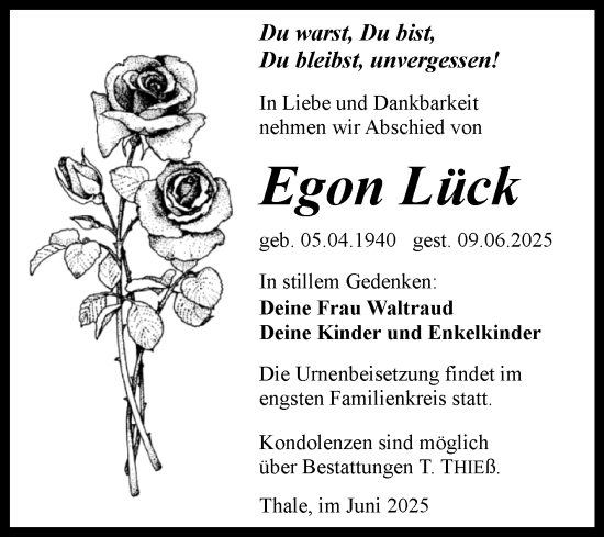 Traueranzeige von Egon Lück von Trauerkombi Quedlinburg