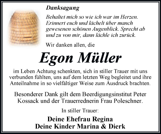 Traueranzeige von Egon Müller von Trauerkombi Wittenberg