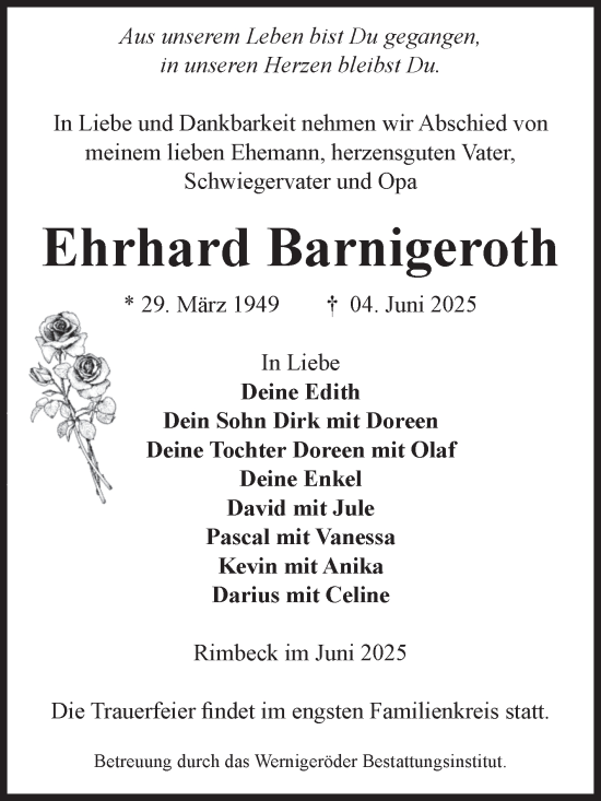 Traueranzeige von Ehrhard Barnigeroth von Volksstimme Halberstadt