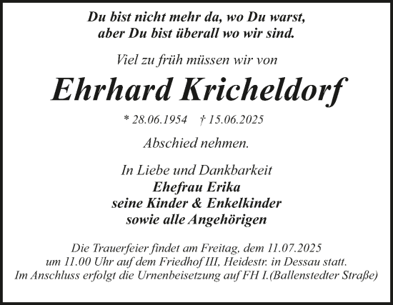 Traueranzeige von Ehrhard Kricheldorf von Trauerkombi Dessau