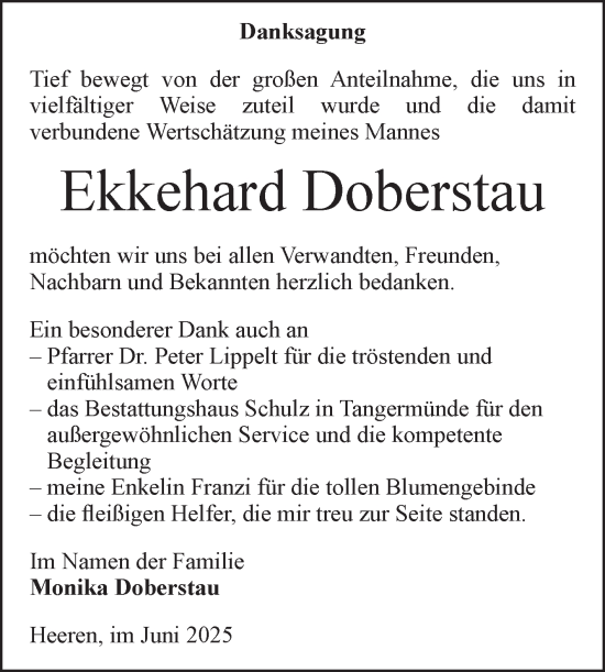Traueranzeige von Ekkehard Doberstau von Volksstimme Altmark Ost