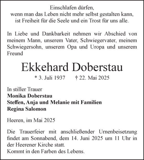 Traueranzeige von Ekkehard Doberstau von Volksstimme Altmark Ost
