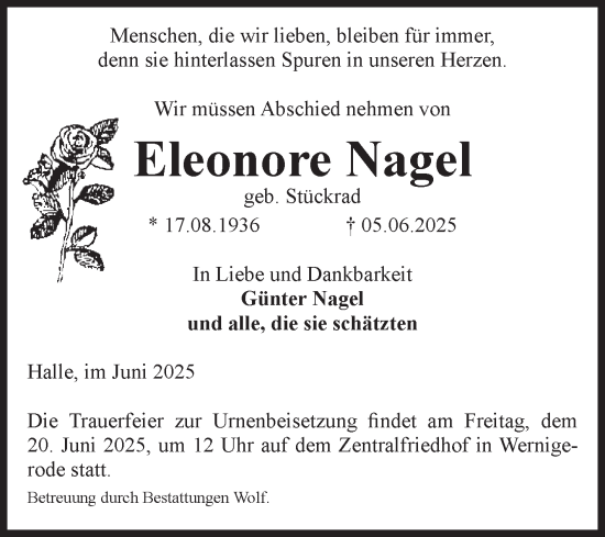 Traueranzeige von Eleonore Nagel von Mitteldeutsche Zeitung Halle/Saalkreis