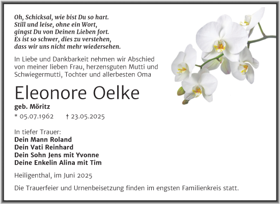 Traueranzeige von Eleonore Oelke von Trauerkombi Mansfelder Land