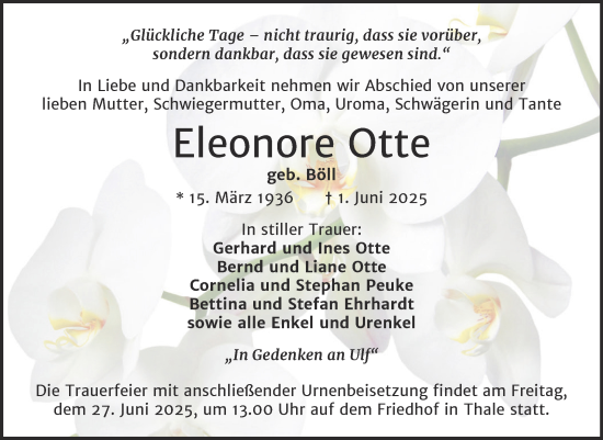 Traueranzeige von Eleonore Otte von Trauerkombi Quedlinburg