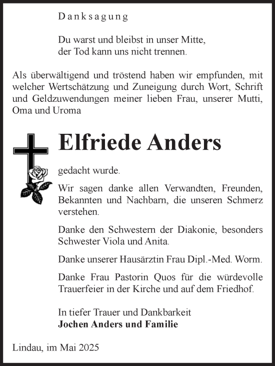 Traueranzeige von Elfriede Anders von Volksstimme Zerbst