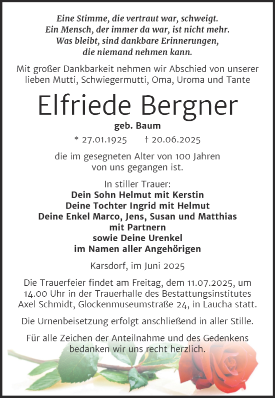 Traueranzeige von Elfriede Bergner von Naumburger Tageblatt