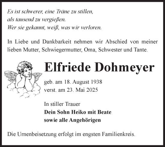 Traueranzeige von Elfriede Dohmeyer von Volksstimme Haldensleben/Wolmirstedt