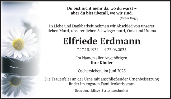 Traueranzeige von Elfriede Erdmann von Volksstimme Oschersleben/Wanzleben