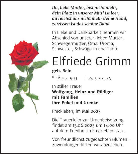 Traueranzeige von Elfriede Grimm von Trauerkombi Aschersleben