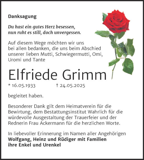 Traueranzeige von Elfriede Grimm von Trauerkombi Aschersleben
