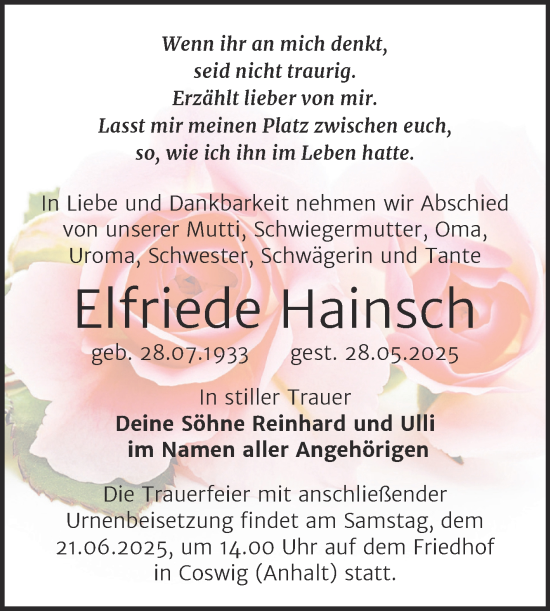 Traueranzeige von Elfriede Hainsch von Trauerkombi Wittenberg