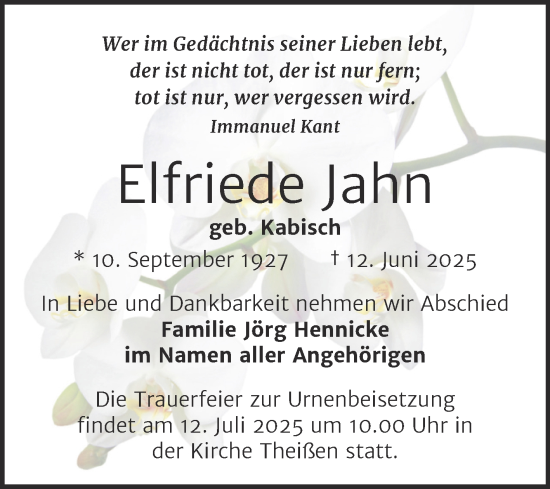Traueranzeige von Elfriede Jahn von Trauerkombi Zeitz
