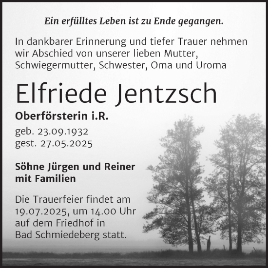 Traueranzeige von Elfriede Jentzsch von Trauerkombi Wittenberg