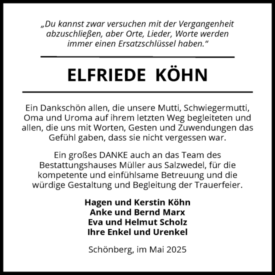 Traueranzeige von Elfriede Köhn von Volksstimme Altmark Ost