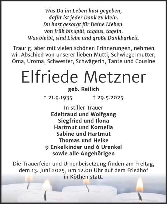 Traueranzeige von Elfriede Metzner von Trauerkombi Köthen