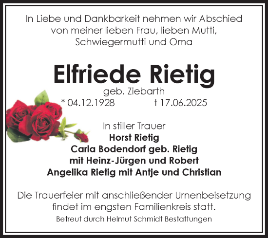 Traueranzeige von Elfriede Rietig von Volksstimme Magdeburg