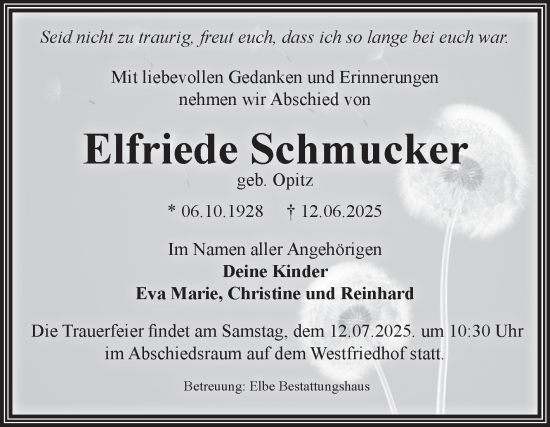 Traueranzeige von Elfriede Schmucker von Volksstimme Burg/Genthin