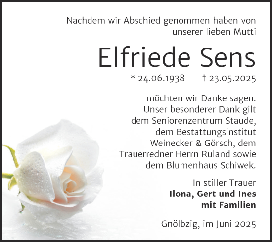 Traueranzeige von Elfriede Sens von Trauerkombi Bernburg