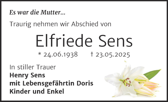 Traueranzeige von Elfriede Sens von Trauerkombi Bernburg