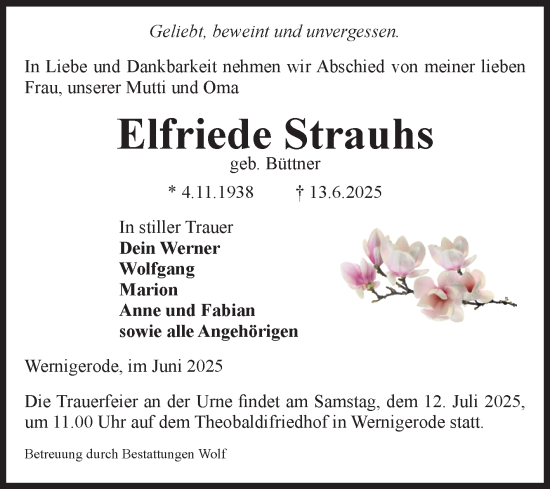 Traueranzeige von Elfriede Strauhs von Volksstimme Wernigerode