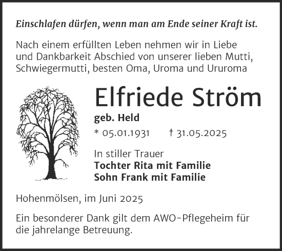 Traueranzeige von Elfriede Ström von Super Sonntag Weißenfels