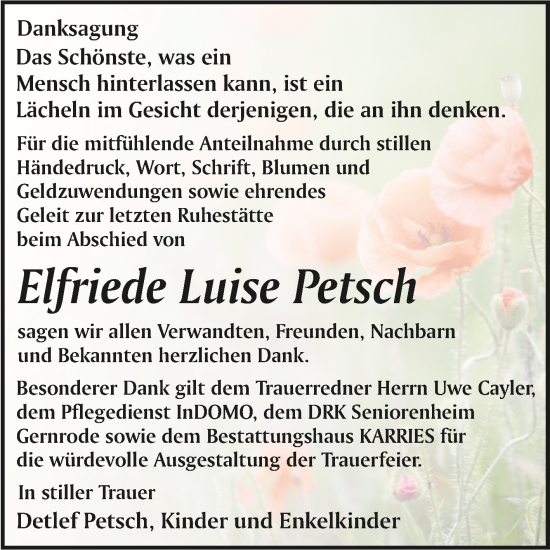 Traueranzeige von Elfriede Luise Petsch von Trauerkombi Quedlinburg