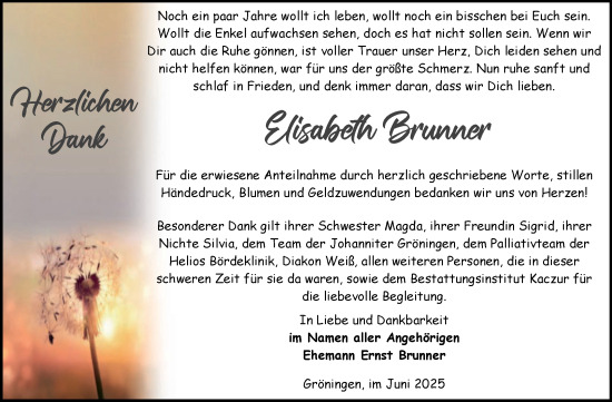 Traueranzeige von Elisabeth Brunner von Volksstimme Oschersleben/Wanzleben