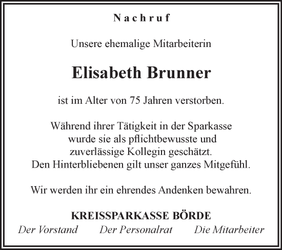 Traueranzeige von Elisabeth Brunner von Volksstimme Oschersleben/Wanzleben