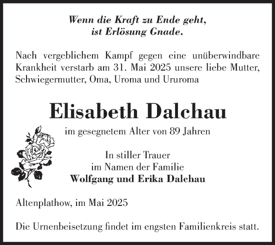 Traueranzeige von Elisabeth Dalchau von Volksstimme Burg/Genthin
